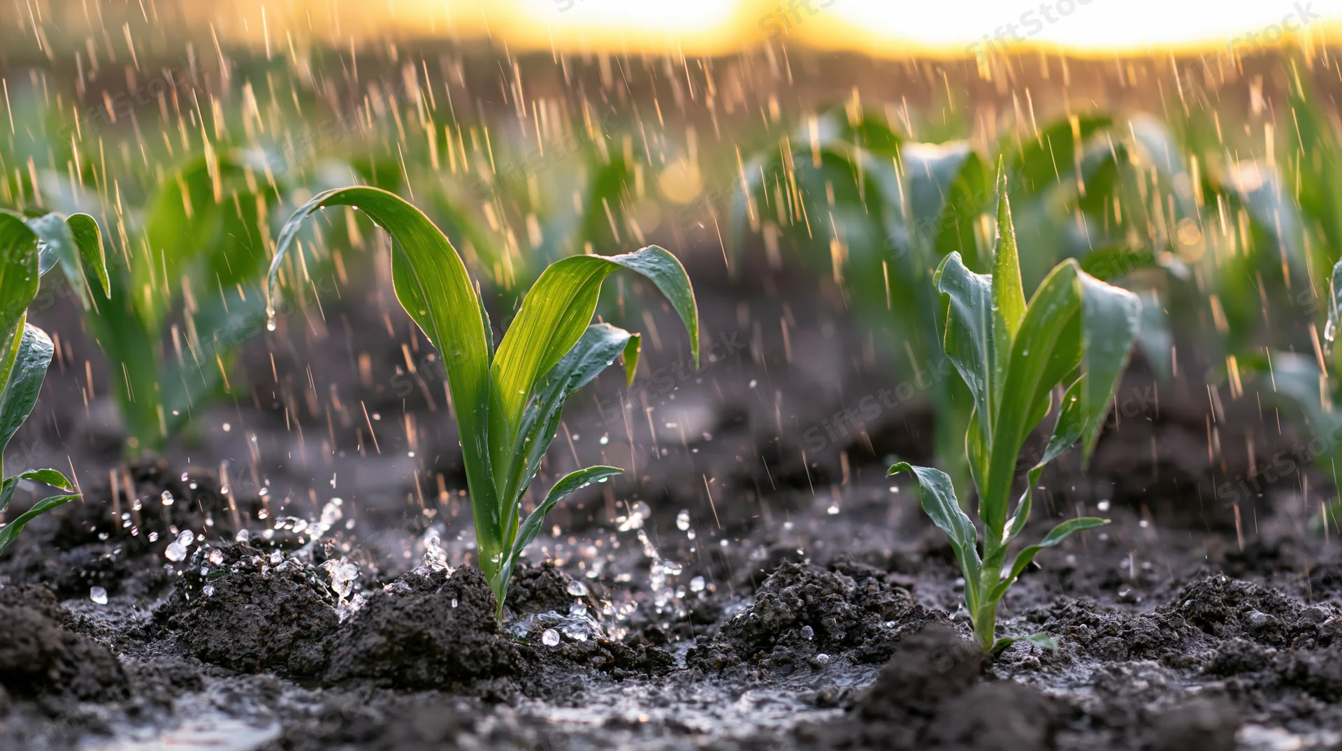 Young corn seedlings growing in rows in a field being watered by falling rain