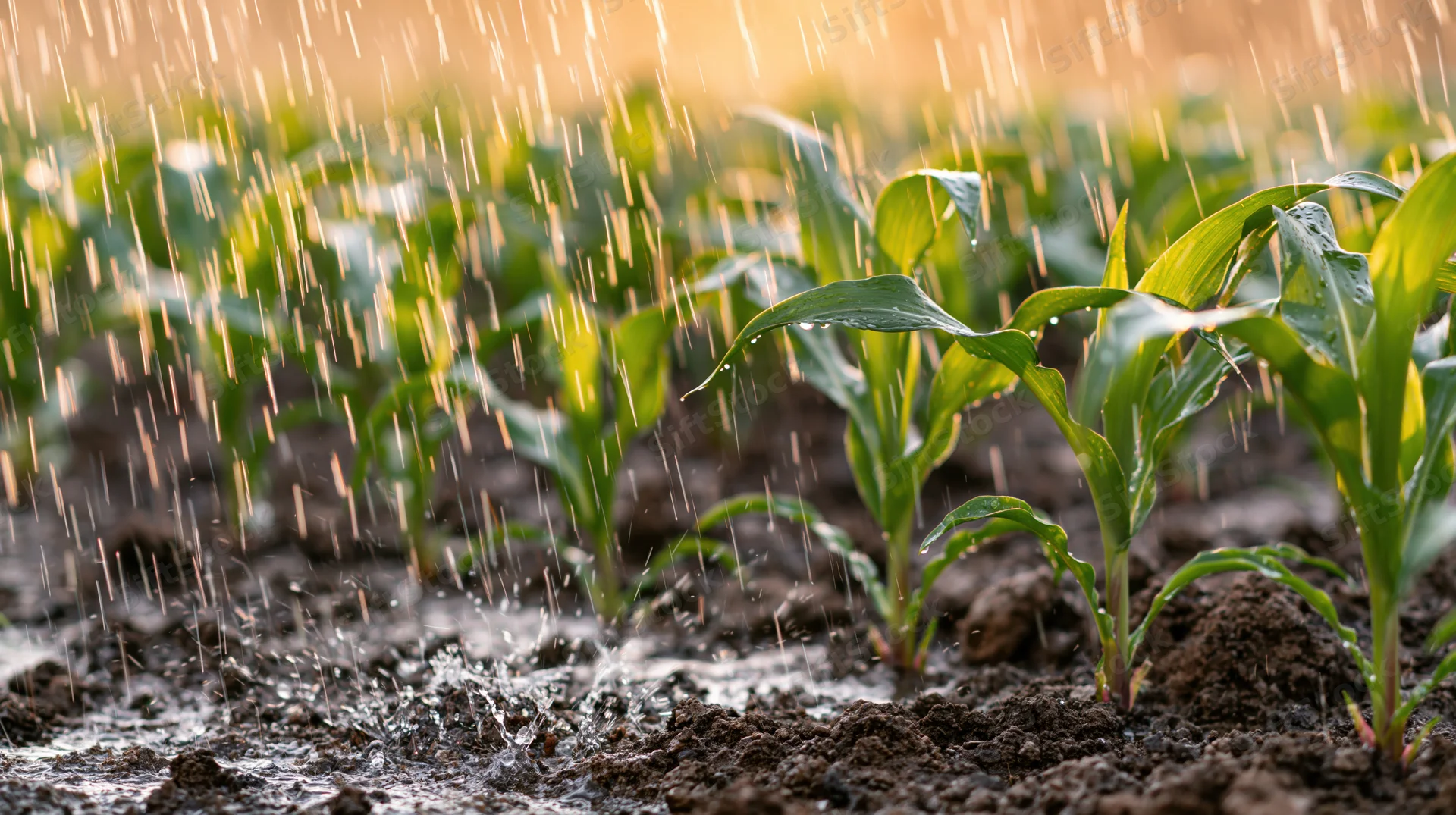 Young corn seedlings growing in rows under falling rain on a farm field