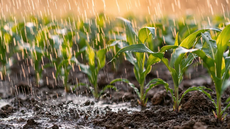 Young corn seedlings growing in rows under falling rain on a farm field