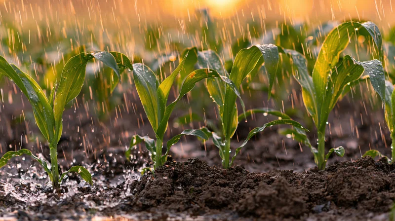 Young corn seedlings growing in rows under falling rain in a field