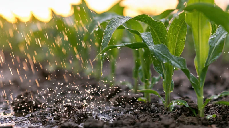 Young corn seedlings growing in soil with rain falling on them