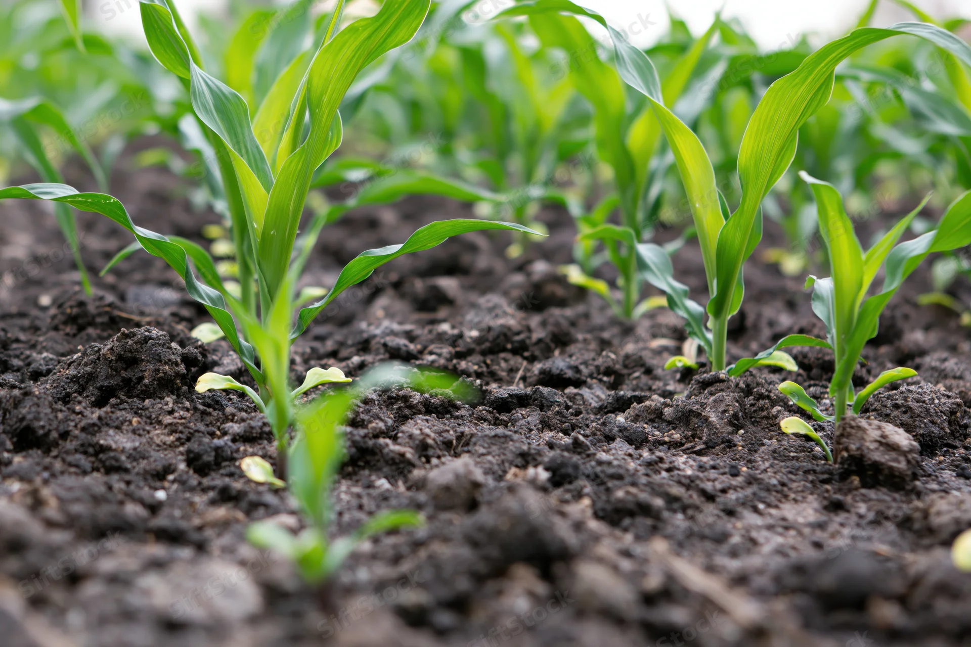 Young corn seedlings sprouting from dark tilled soil in neat rows