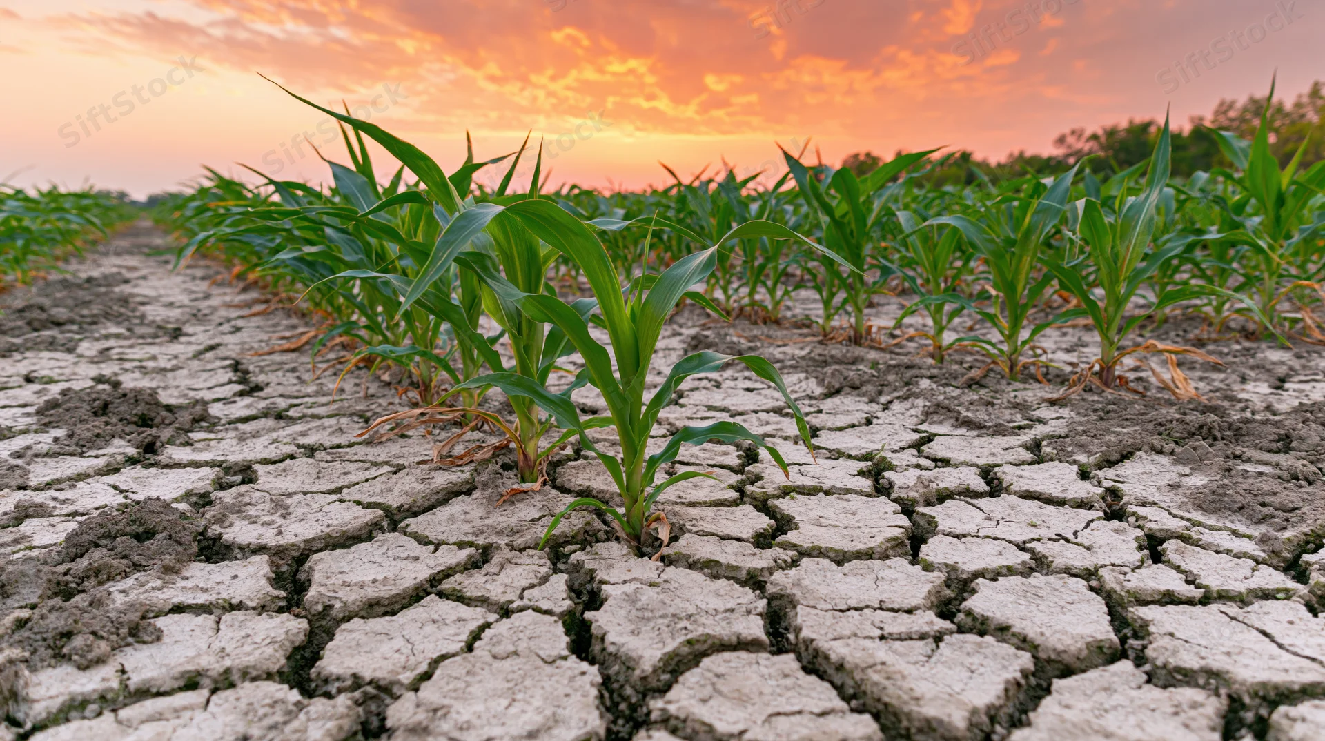 Young corn stalks growing in rows across severely cracked dry soil at sunset