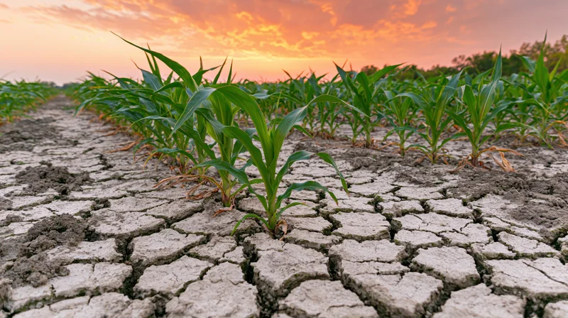 Young corn stalks growing in rows across severely cracked dry soil at sunset