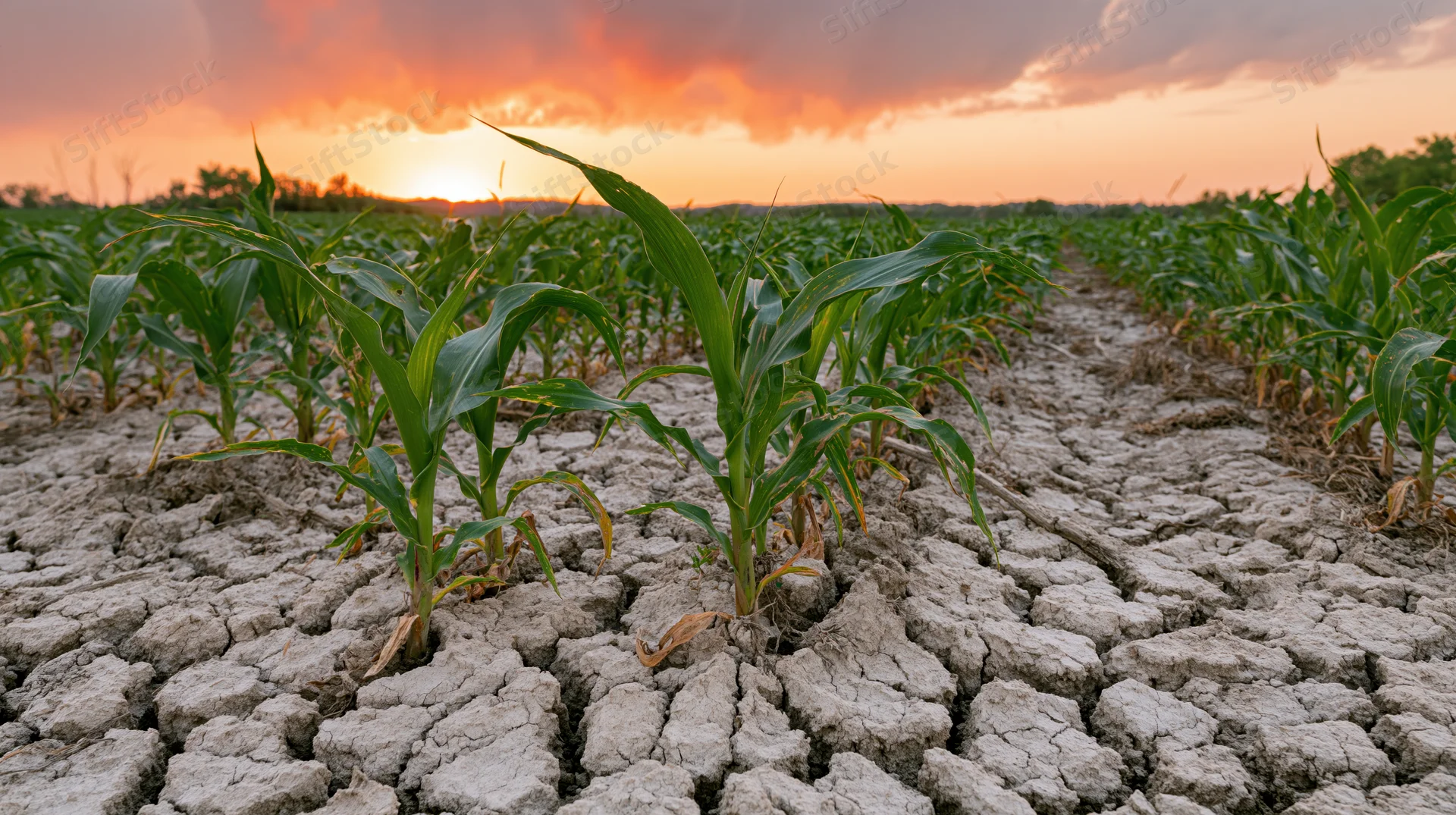 Young corn plants growing in rows across cracked dry soil at sunset in a farm field