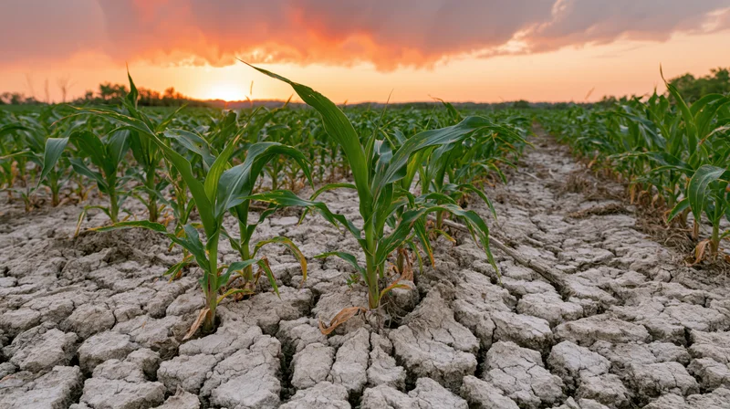 Young corn plants growing in rows across cracked dry soil at sunset in a farm field