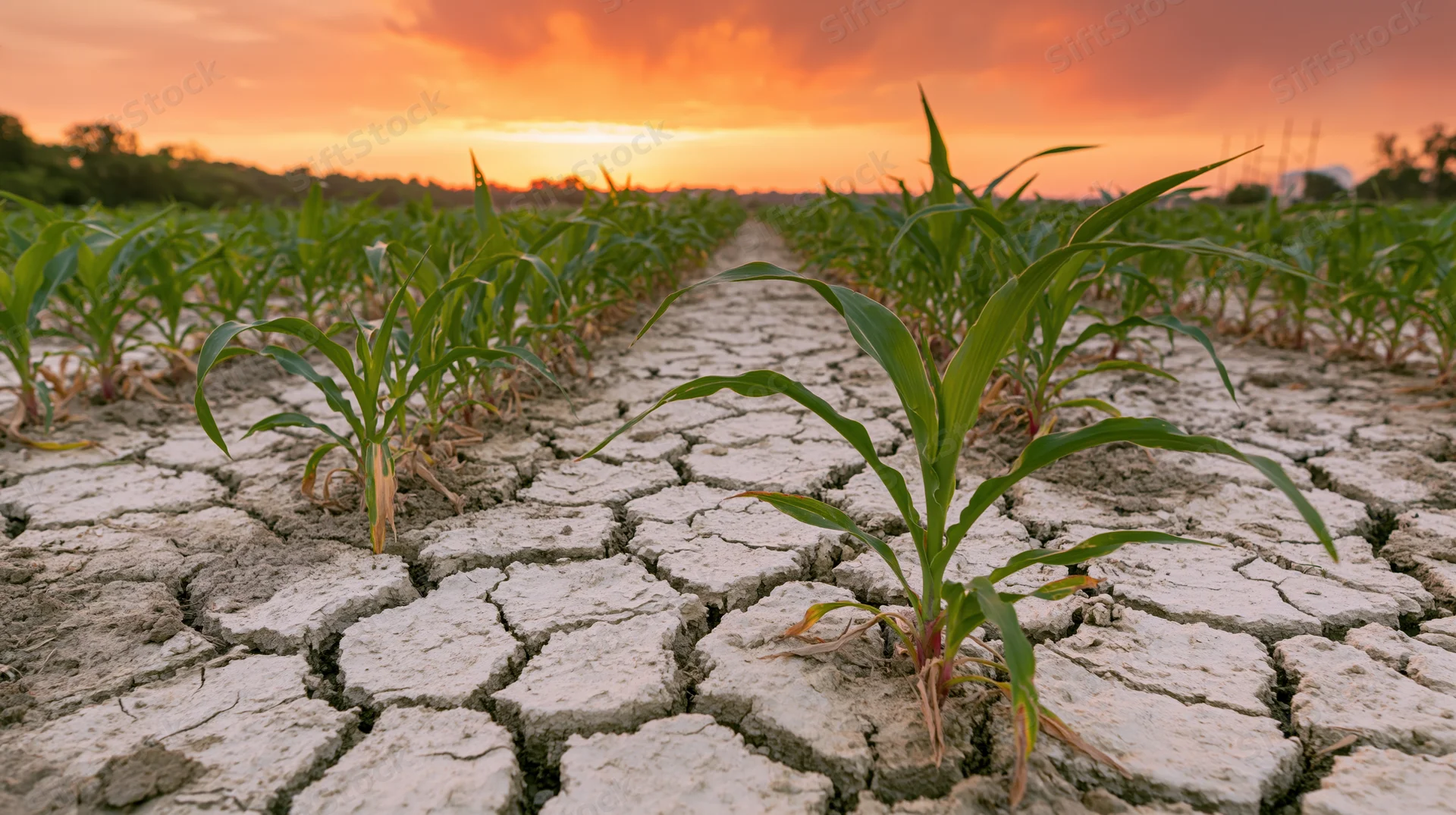 Young corn plants growing in rows across cracked dry soil at sunset