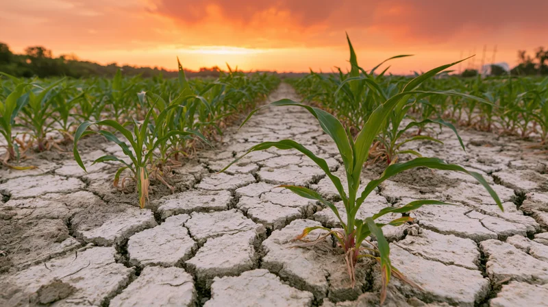Young corn plants growing in rows across cracked dry soil at sunset