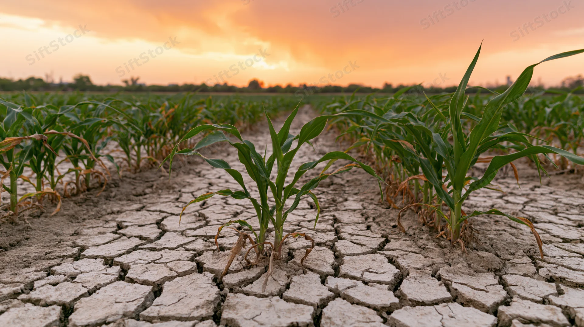 Young corn plants growing in rows across cracked dry soil at sunset