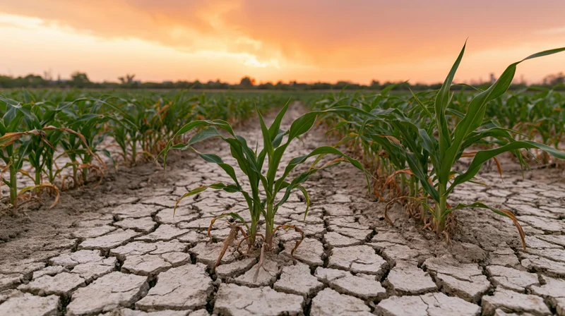 Young corn plants growing in rows across cracked dry soil at sunset