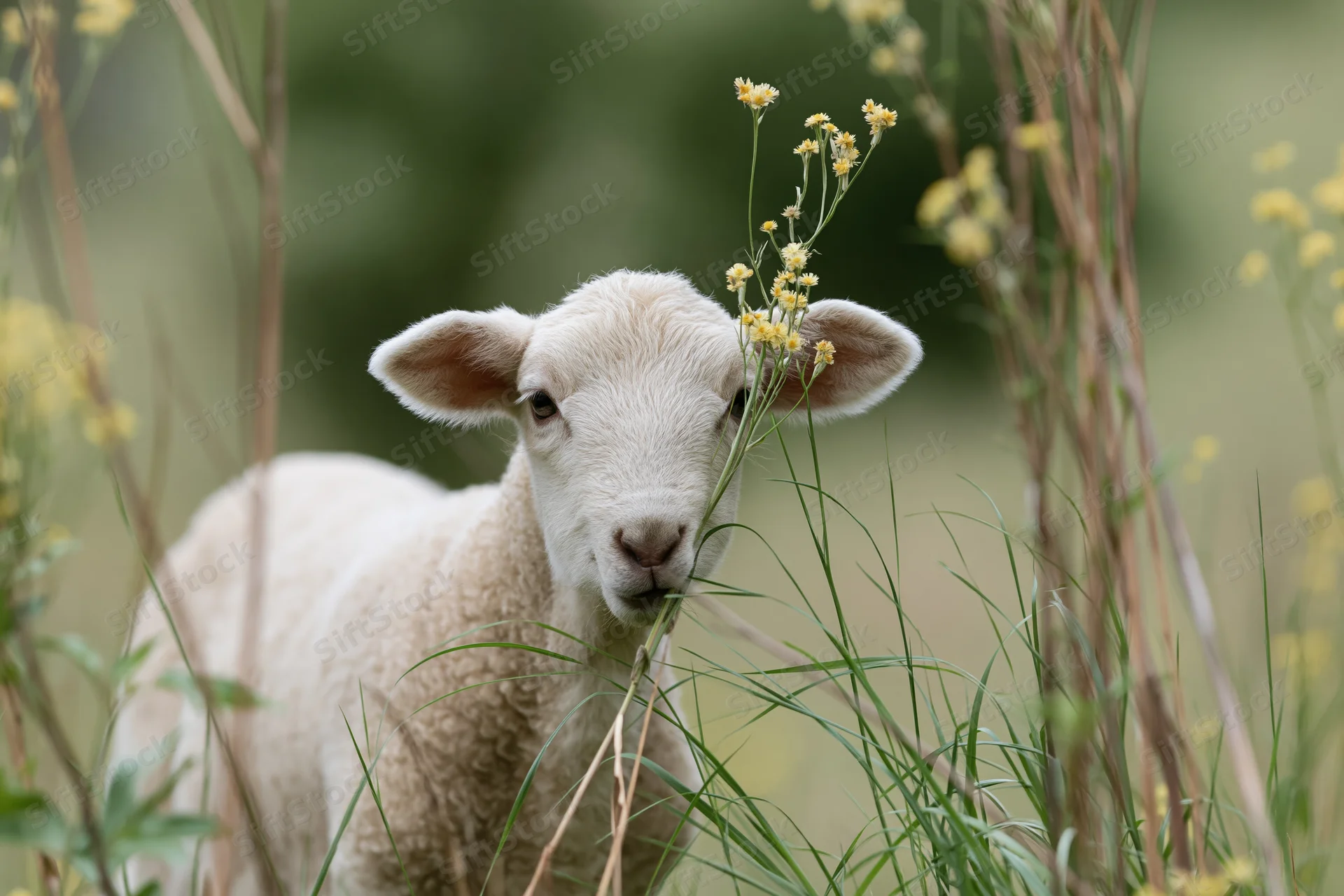 Young lamb grazing among tall wildflowers and green grass in a pasture