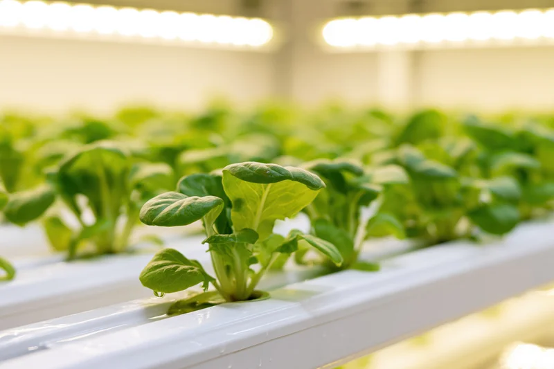 Young lettuce seedlings growing in rows on white hydroponic trays under led lights indoors
