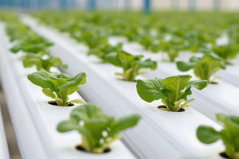 Young lettuce seedlings growing in white pvc channels in a greenhouse hydroponic system