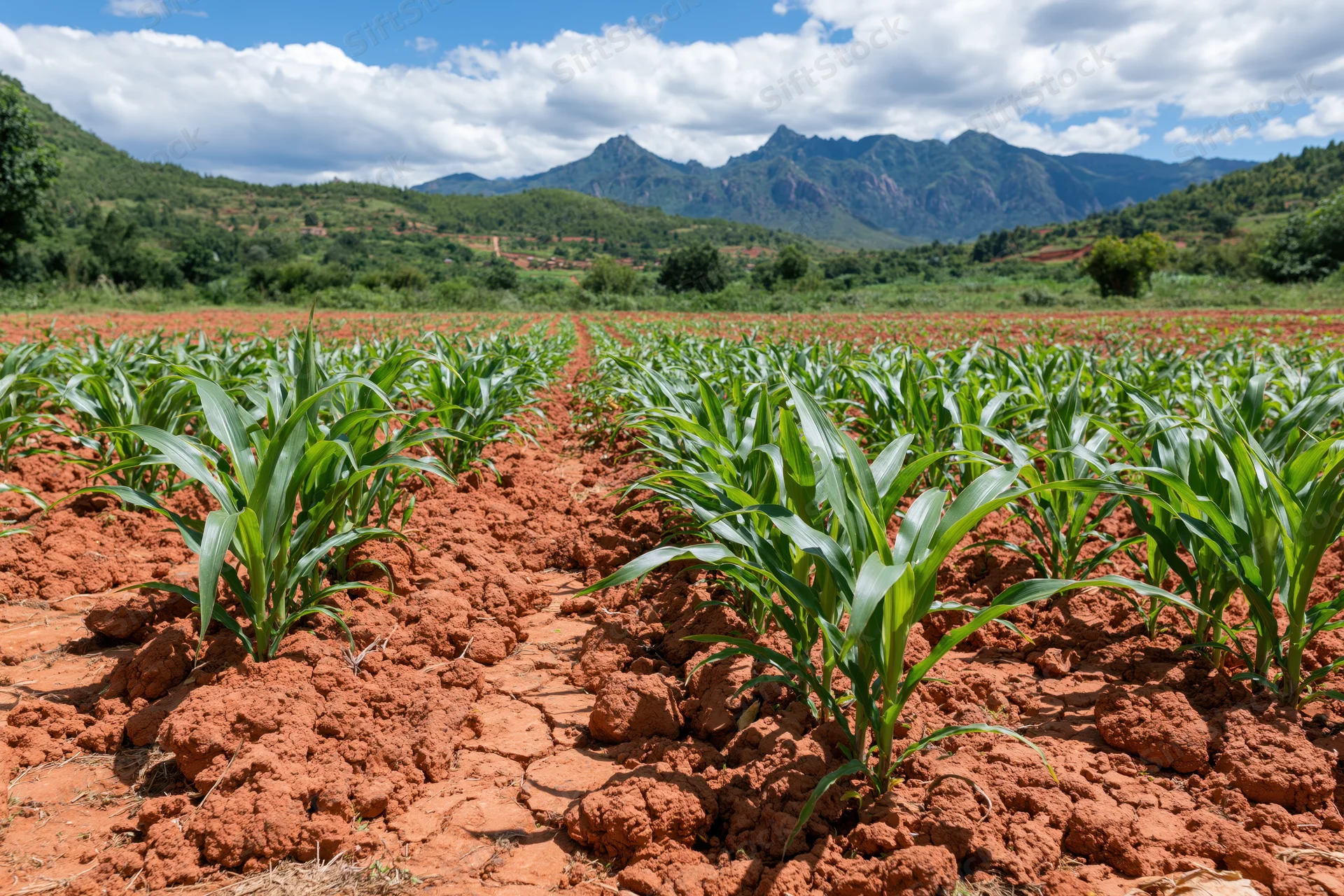 Young maize plants growing in neat rows across a red soil field with mountains in the background