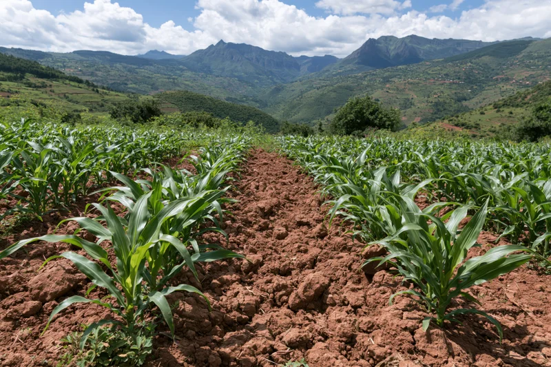Young maize plants growing in rows across a red soil field with mountains in the background