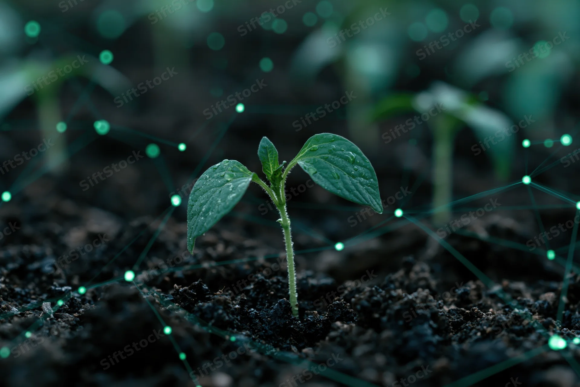 Young seedling emerging from dark moist soil with digital network overlay