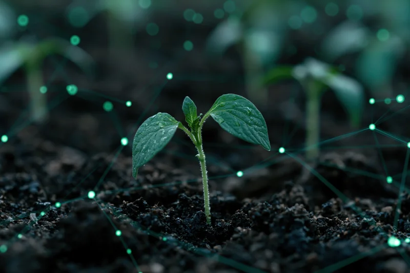 Young seedling emerging from dark moist soil with digital network overlay
