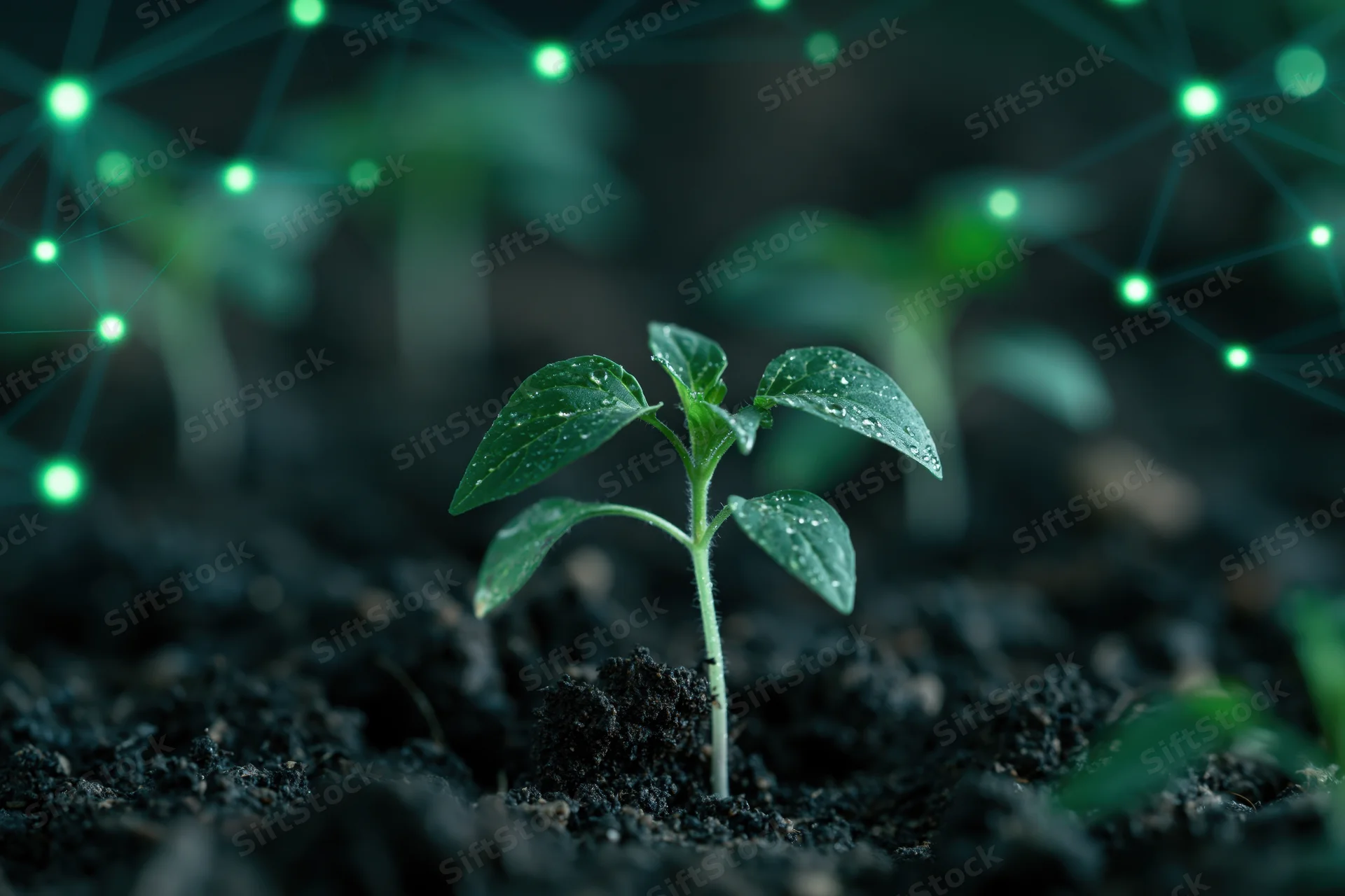Young seedling sprouting from dark moist soil with glowing digital network overlay