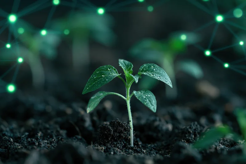 Young seedling sprouting from dark moist soil with glowing digital network overlay