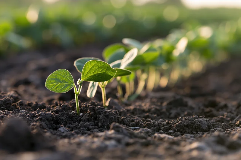 Young soybean seedlings emerging from dark moist soil in a field at sunrise