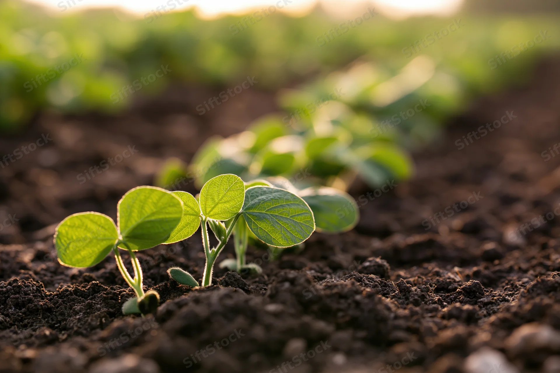 Young soybean seedlings emerging from dark soil in a cultivated field at sunrise