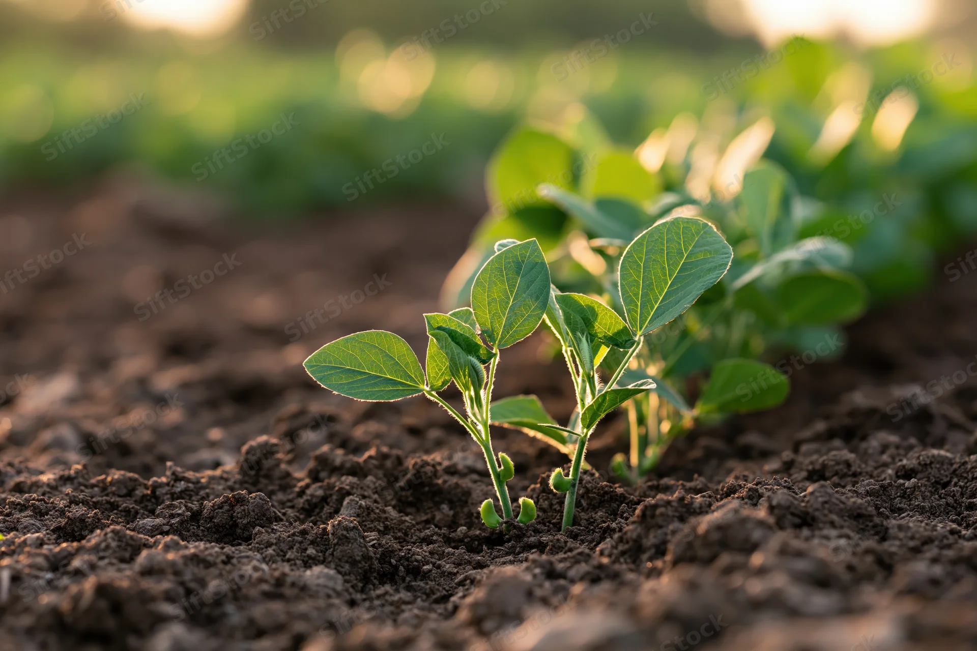 Young soybean seedlings emerging from dark soil in a field at sunrise