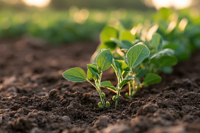 Young soybean seedlings emerging from dark soil in a field at sunrise
