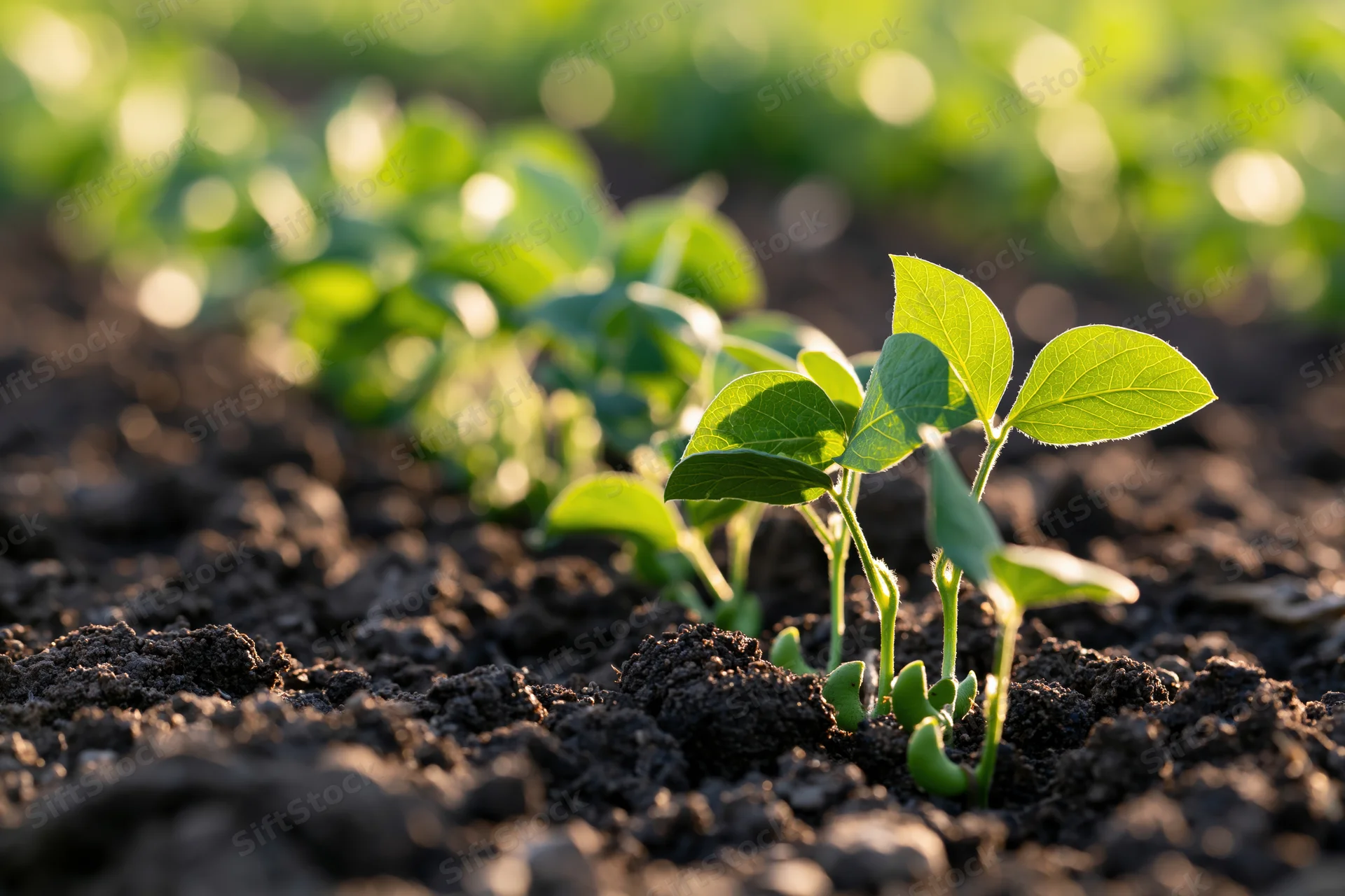 Young soybean seedlings emerging from dark soil in a field at dawn