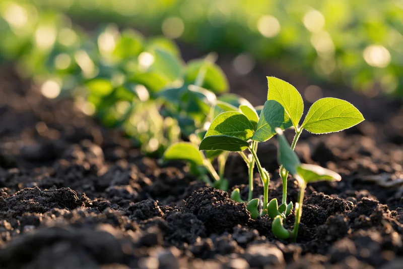 Young soybean seedlings emerging from dark soil in a field at dawn