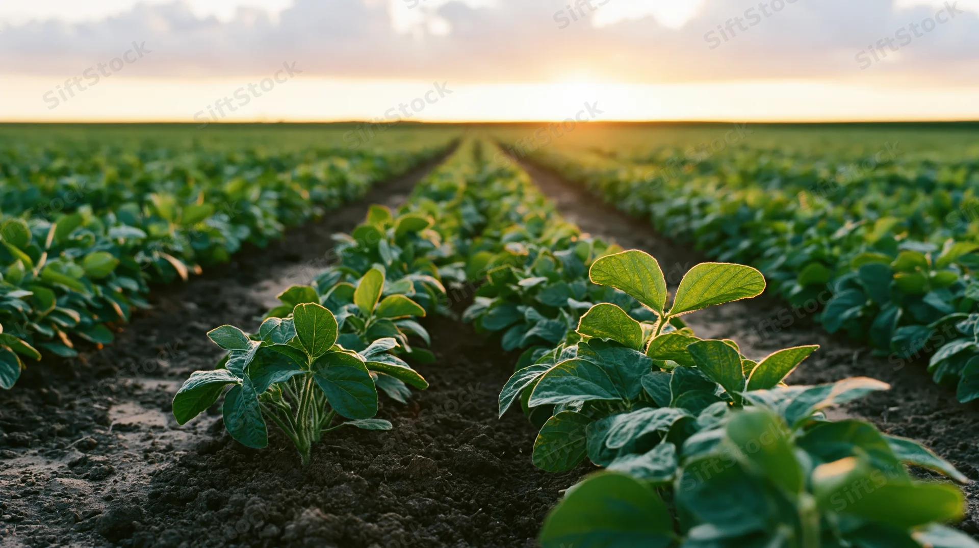 Young soybean seedlings growing in neat parallel rows across a field at sunset