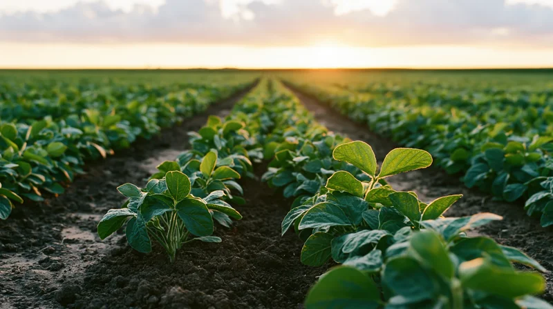 Young soybean seedlings growing in neat parallel rows across a field at sunset