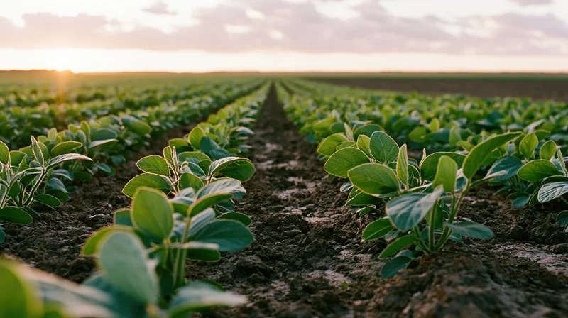 Young soybean seedlings growing in neat parallel rows across a cultivated field at sunset