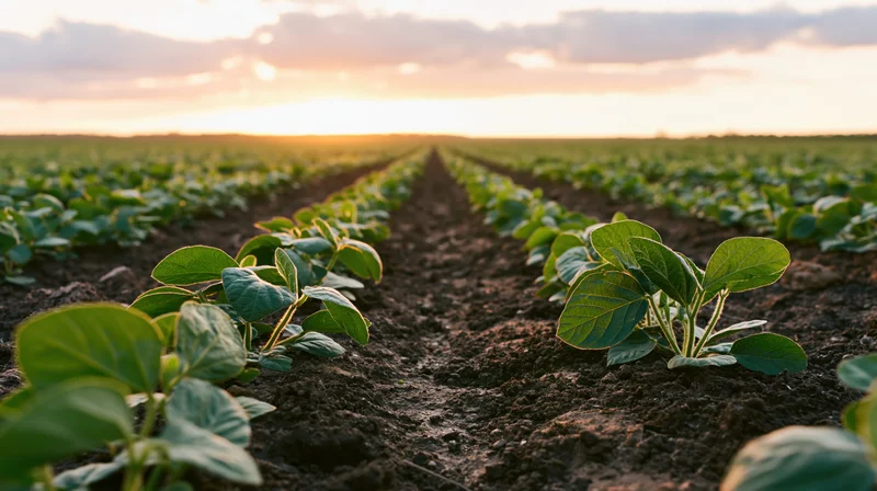 Young soybean seedlings growing in neat parallel rows across a field at sunset