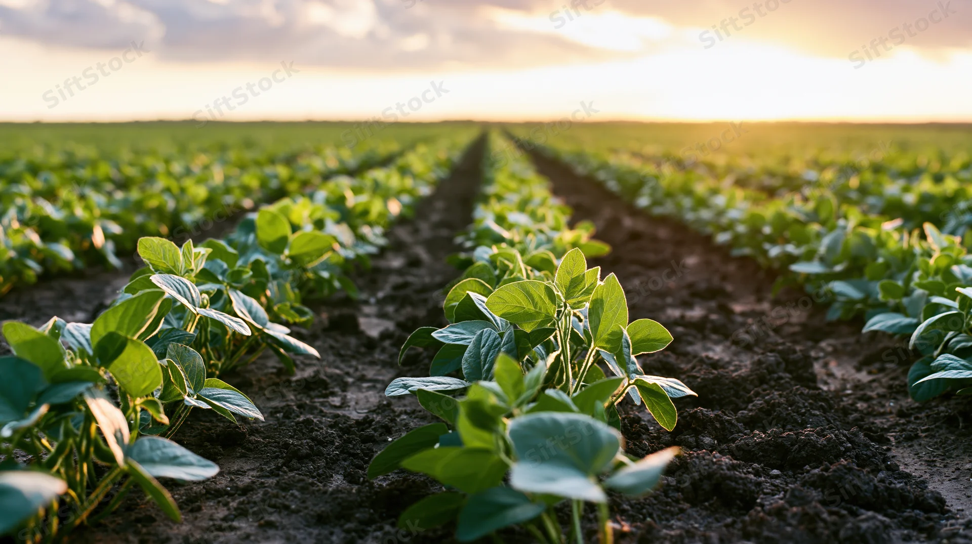 Young soybean seedlings growing in neat parallel rows across a cultivated field at sunset