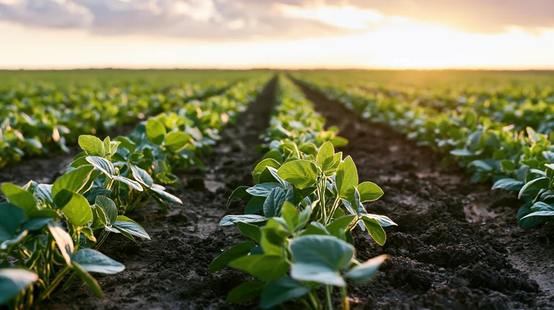 Young soybean seedlings growing in neat parallel rows across a cultivated field at sunset