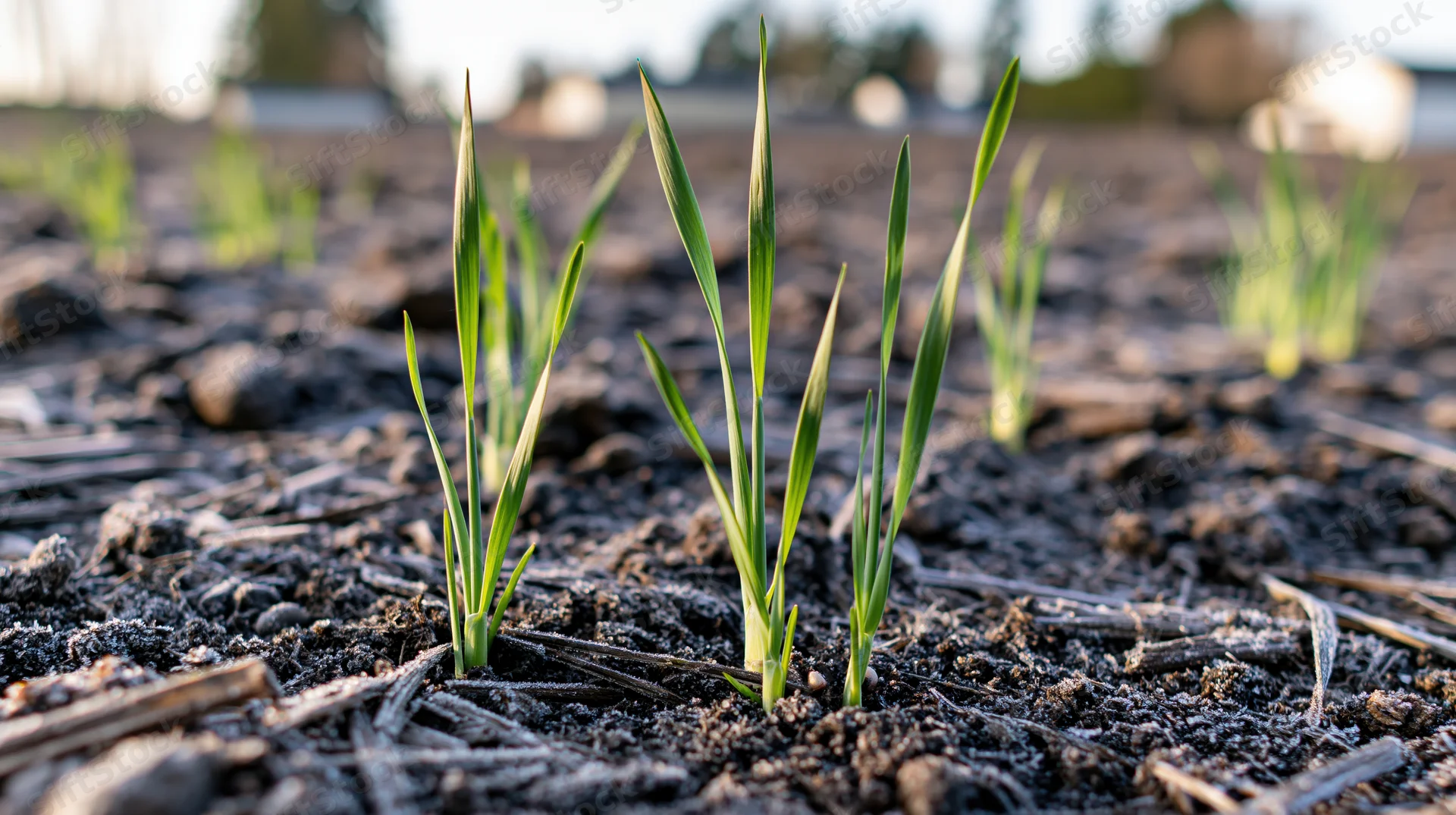 Young wheat seedlings emerging from dark soil in a field