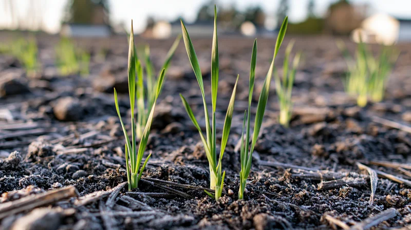 Young wheat seedlings emerging from dark soil in a field