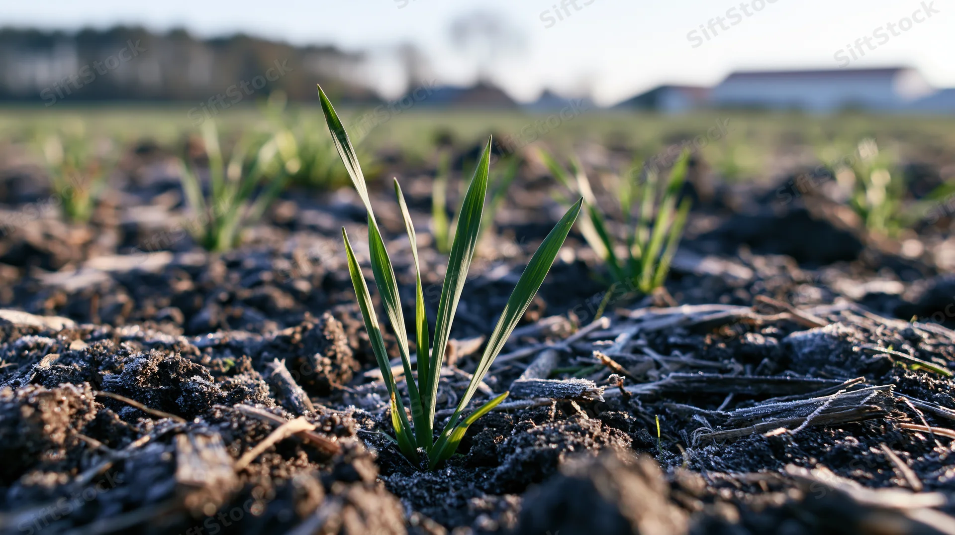 Young wheat seedlings emerging from dark frost-covered soil in a rural field