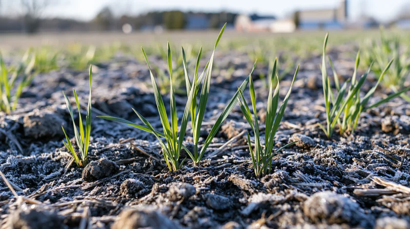 Young wheat seedlings emerging from frost-covered soil in a rural field