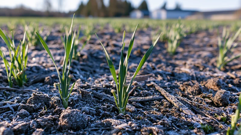Young green seedlings emerging from frost-covered soil in a rural field