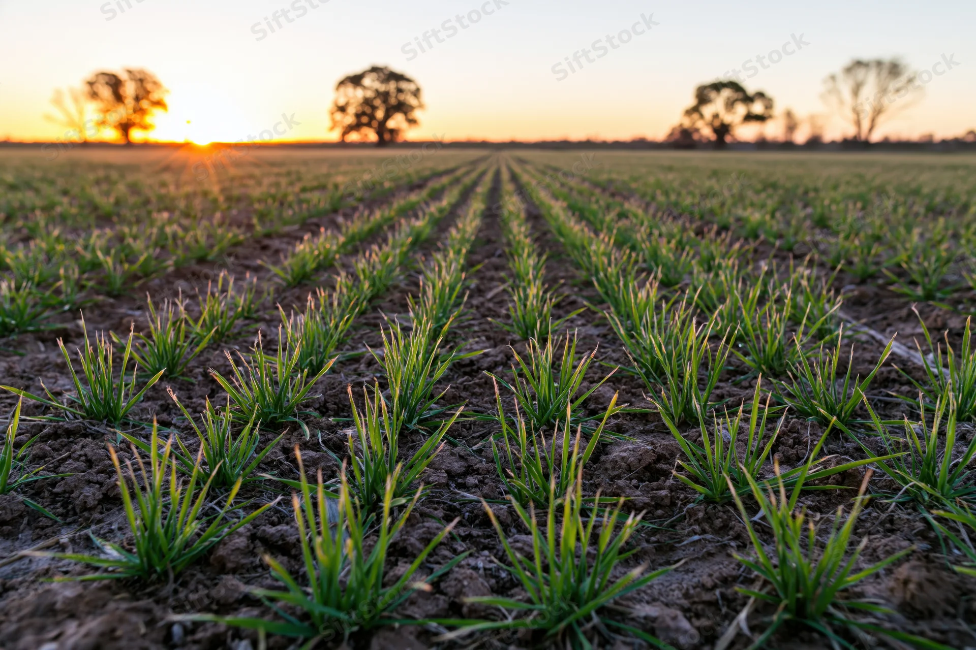 Young wheat seedlings growing in neat rows across a plowed field at sunset