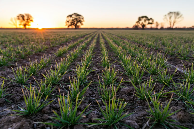 Young wheat seedlings growing in neat rows across a plowed field at sunset