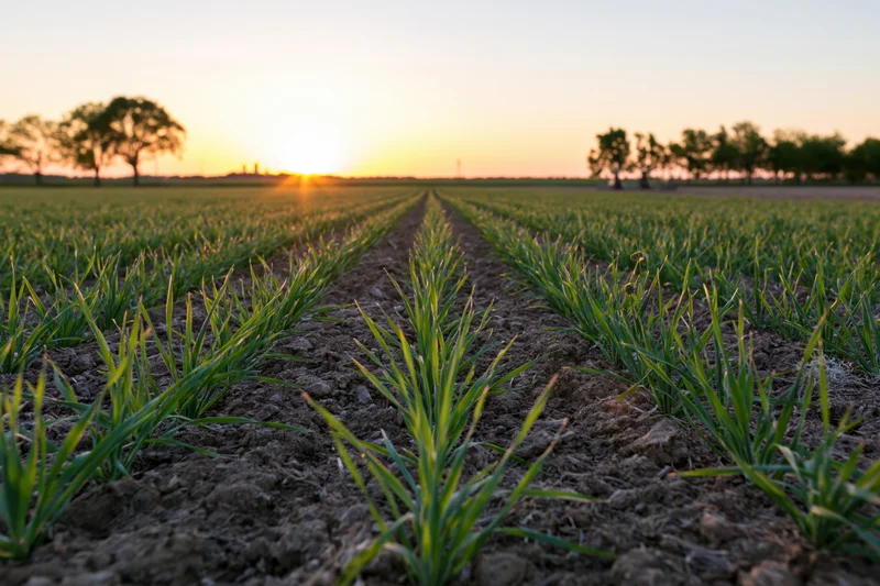 Young wheat seedlings growing in neat rows across a field at sunset