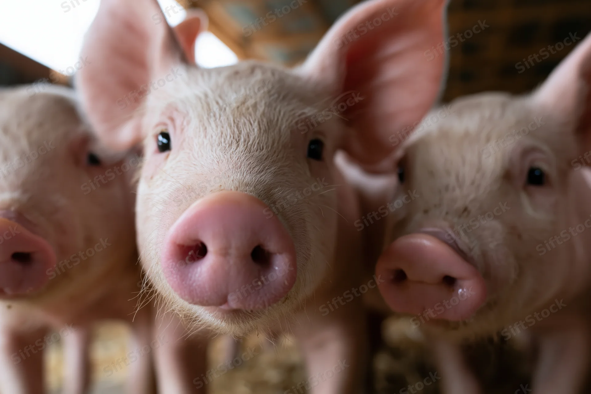Three piglets facing camera in a barn setting