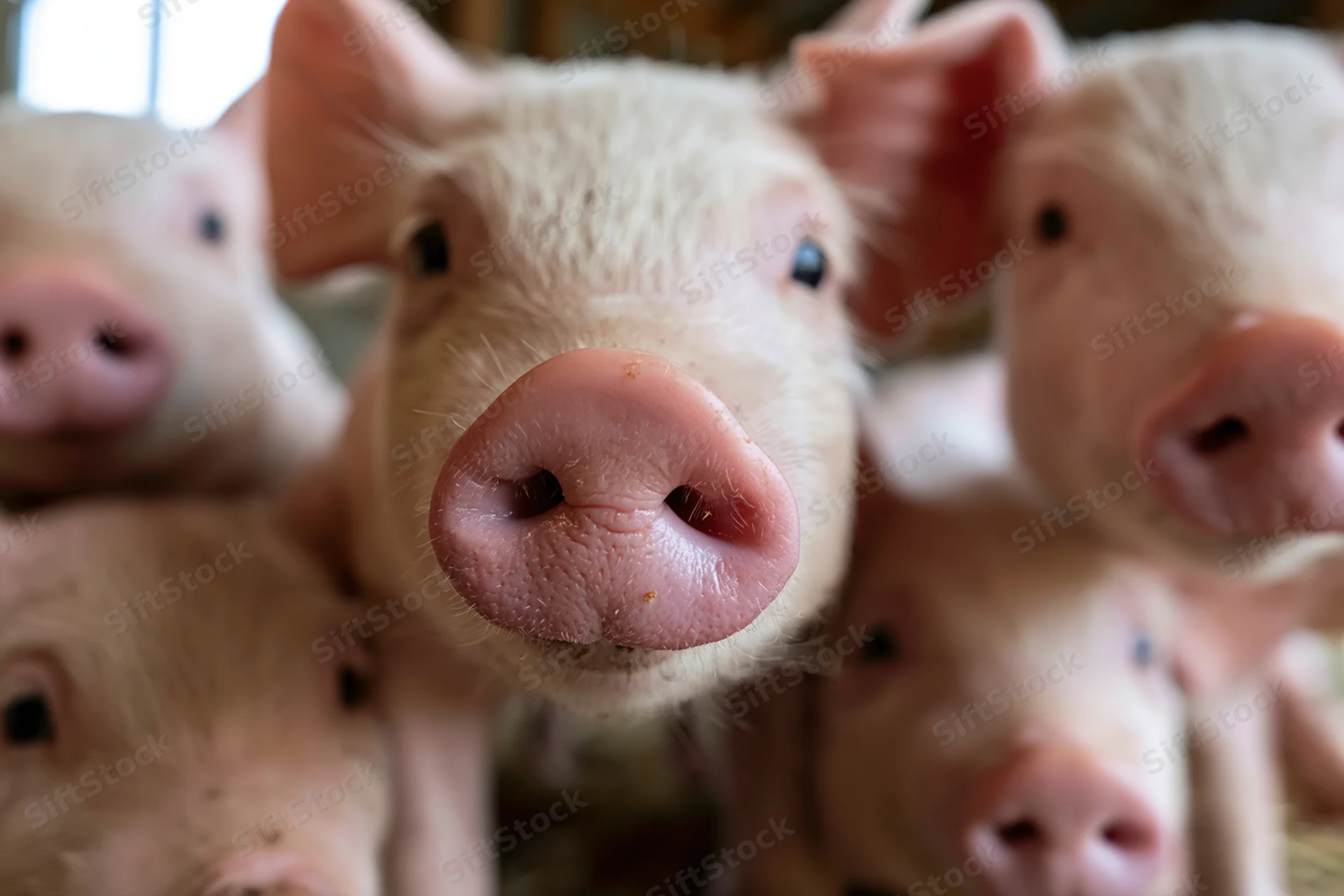 Close-up of piglets facing camera in a barn