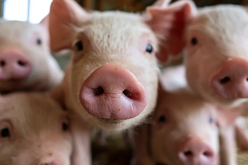 Close-up of piglets facing camera in a barn