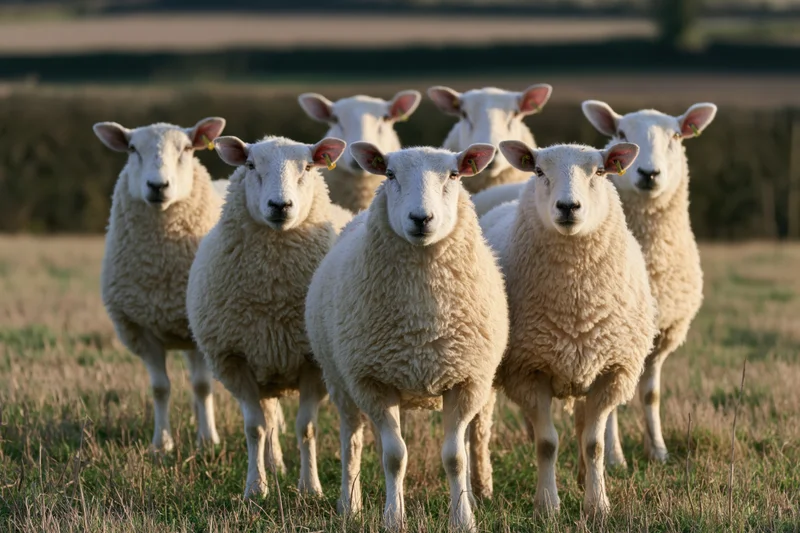 Six white fluffy sheep standing in a grassy pasture during golden hour