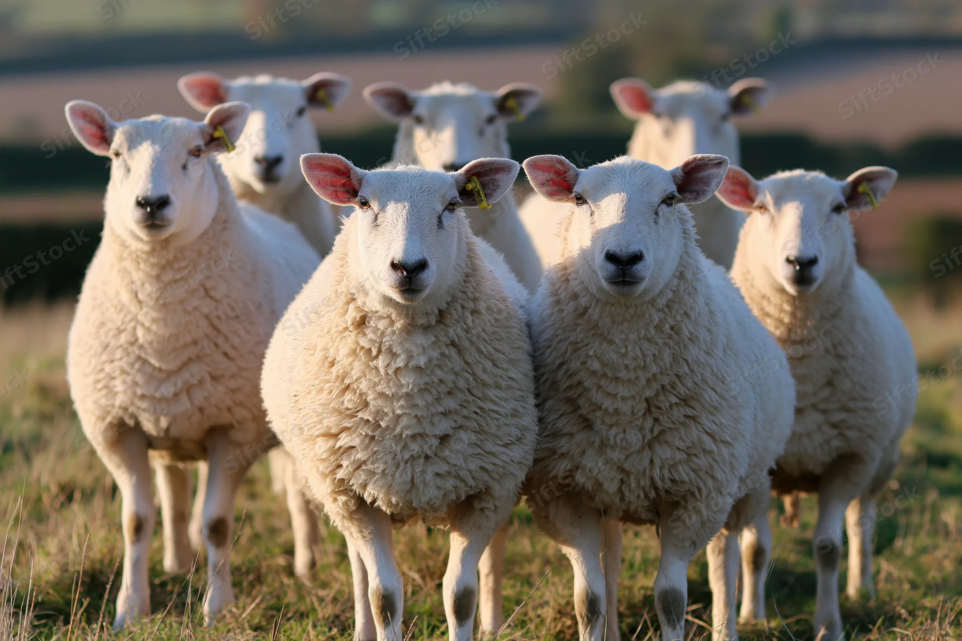 Six white fluffy sheep standing in a grassy field