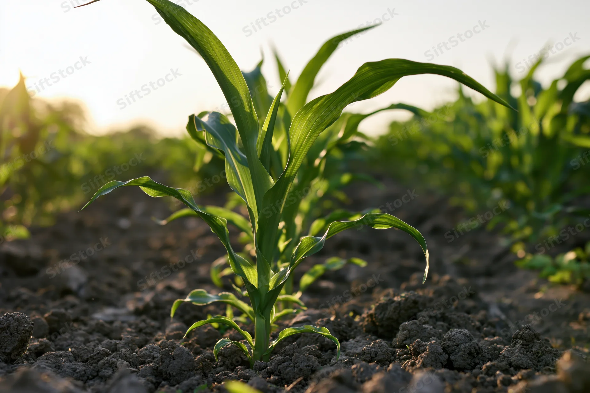 Young corn plant growing in a field at sunrise
