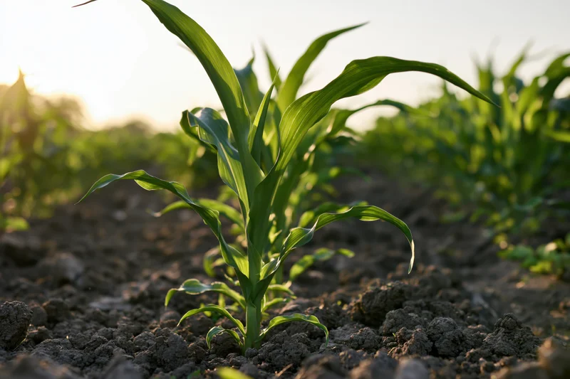 Young corn plant growing in a field at sunrise